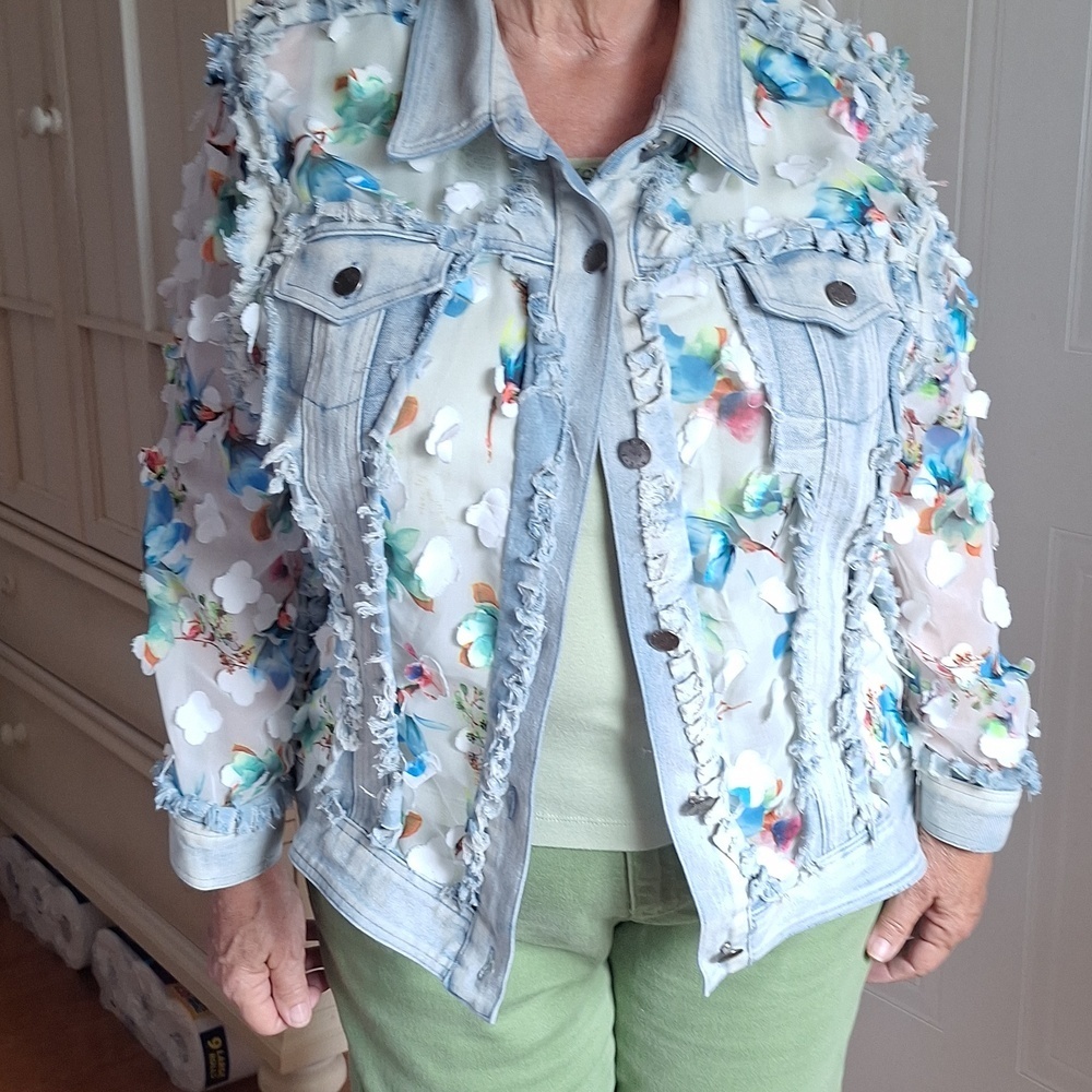 Light Wash Denim Jean Jacket with Floral Sheer Panels